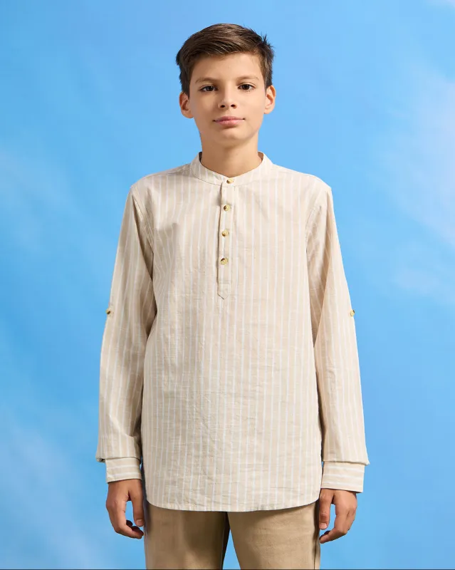 Senior Boys Beige Striped Mandarin Casual Shirt sold by Redtag