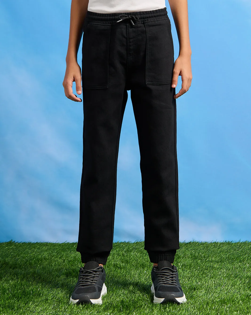 Senior Boys Black Denim Joggers sold by Redtag