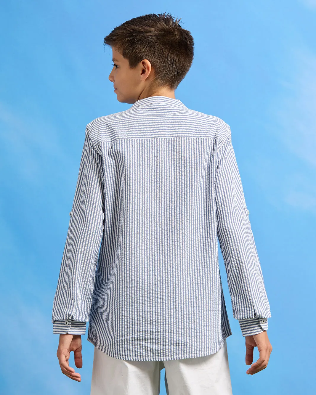 Senior Boys Blue Striped Mandarin Shirt sold by Redtag product image thumbnail 3