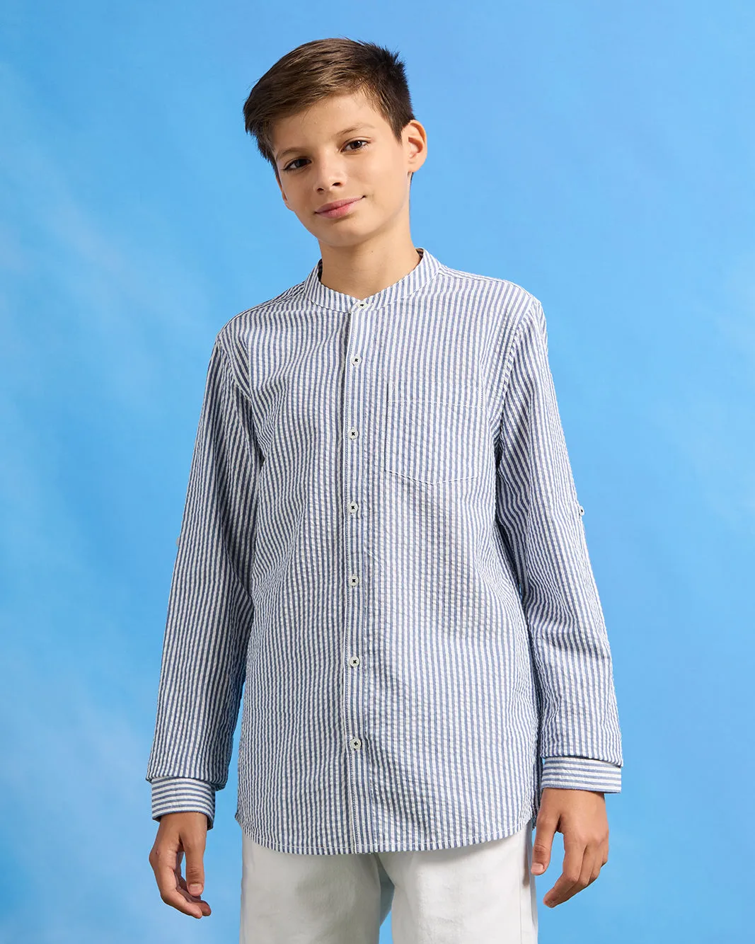 Senior Boys Blue Striped Mandarin Shirt sold by Redtag product image thumbnail 2