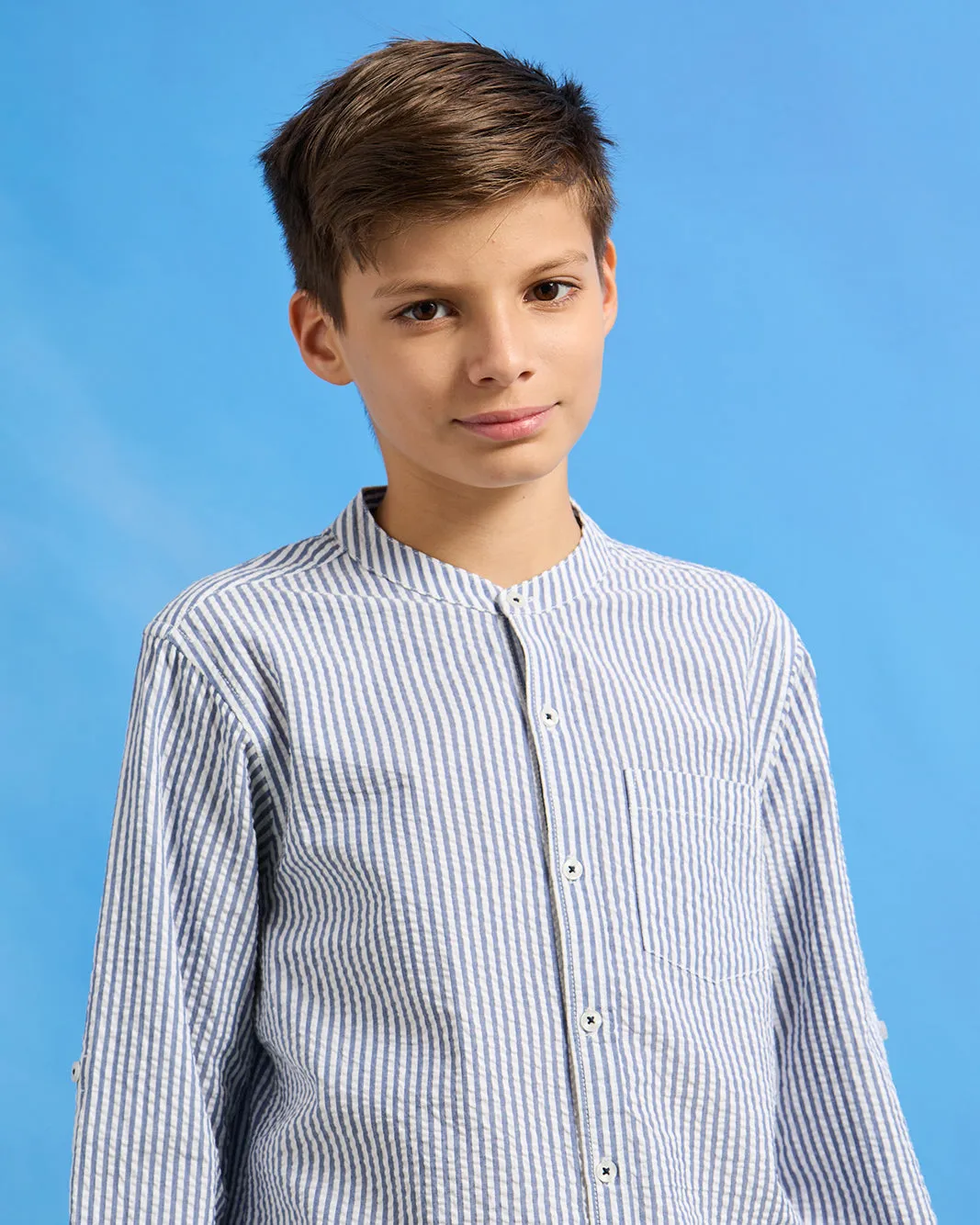 Senior Boys Blue Striped Mandarin Shirt sold by Redtag product image thumbnail 4