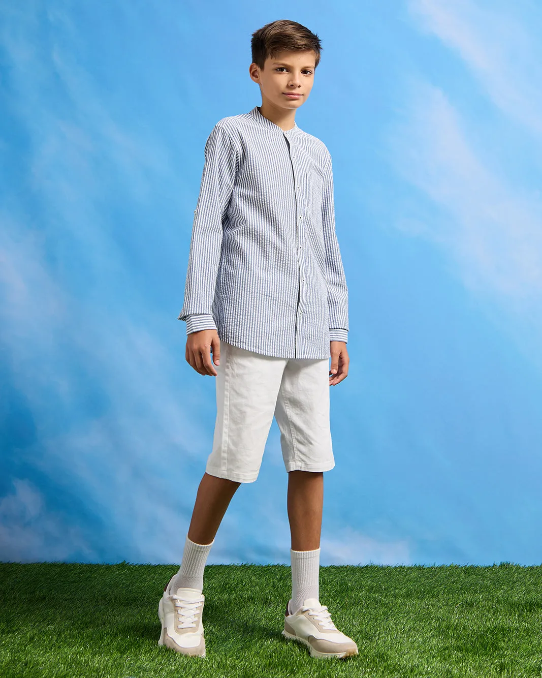 Senior Boys Blue Striped Mandarin Shirt sold by Redtag