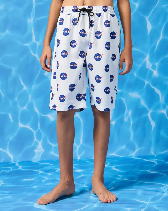 Senior Boys White Nasa Print Swim Shorts sold by Redtag