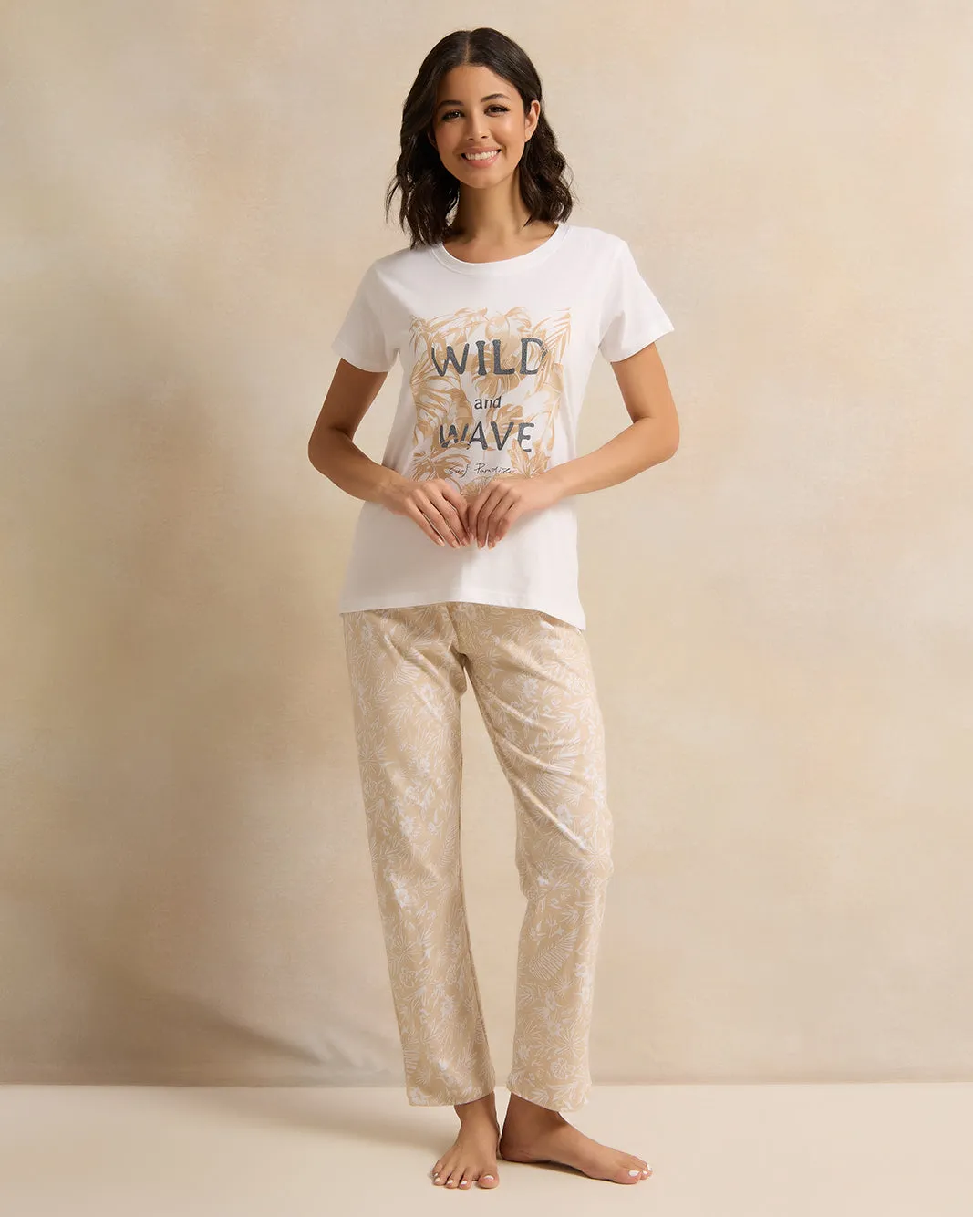 Women Beige And White Printed Payjama Set (2 Piece) sold by Redtag