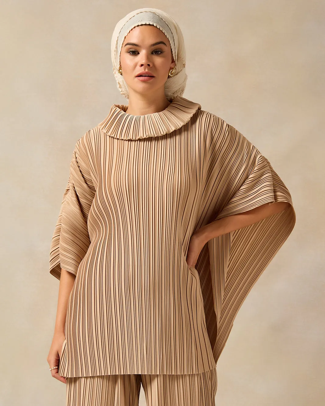Women Beige Pleated High Neck Blouse sold by Redtag
