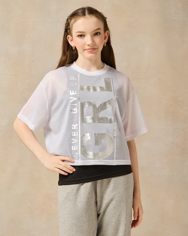 Senior Girls White And Black Mesh Twofer Top sold by Redtag