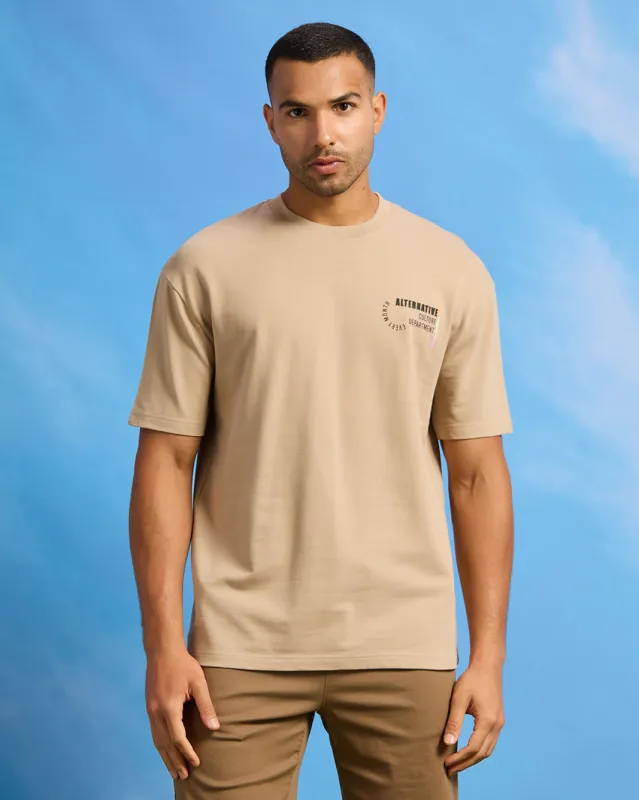 Men Beige Terry Printed T-Shirt sold by Redtag