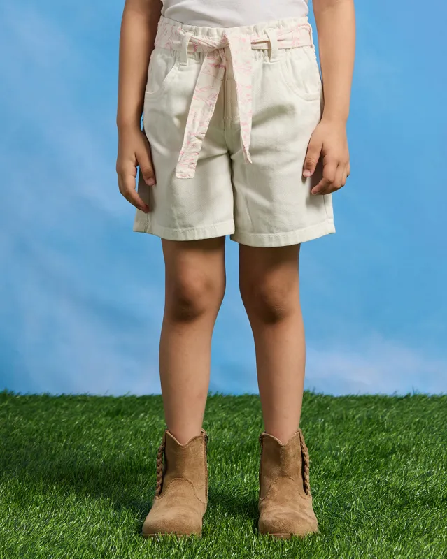 Girls White Denim Shorts With Woven Printed Belt sold by Redtag