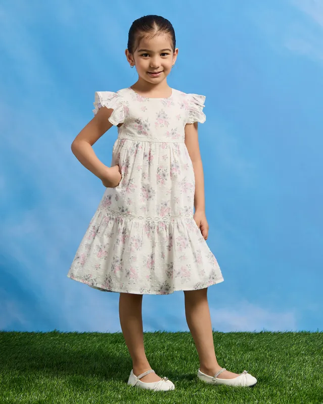 Girls White Floral Tiered Dress sold by Redtag