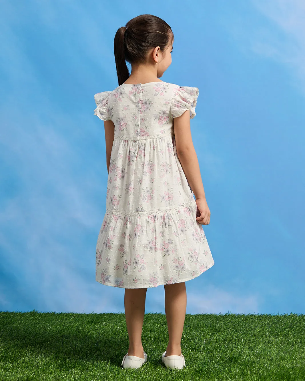 Girls White Floral Tiered Dress sold by Redtag product image thumbnail 3