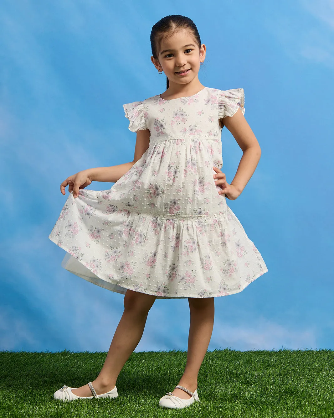 Girls White Floral Tiered Dress sold by Redtag product image thumbnail 4