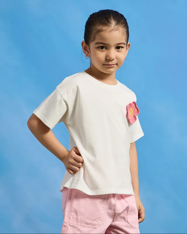 Girls White Casual T-Shirt With Crochet Flower sold by Redtag
