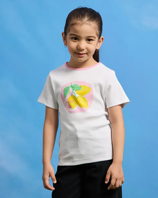 Girls White Lemon Printed T-Shirt sold by Redtag