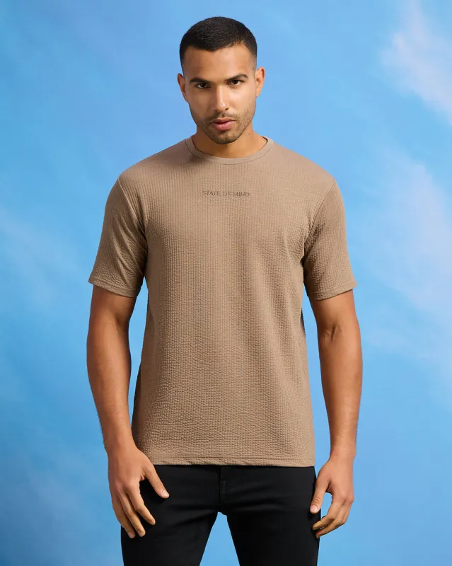 Men Beige Jacquard T-Shirt sold by Redtag