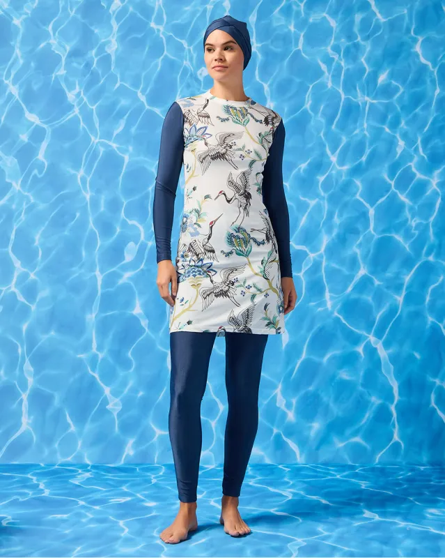 Women Blue Printed Tunic Burkini Set With Cap (3 Piece) sold by Redtag