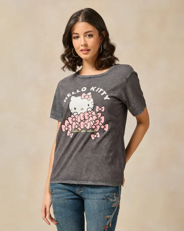 Women Charcoal Acid Wash Hello Kitty Printed T-Shirt sold by Redtag