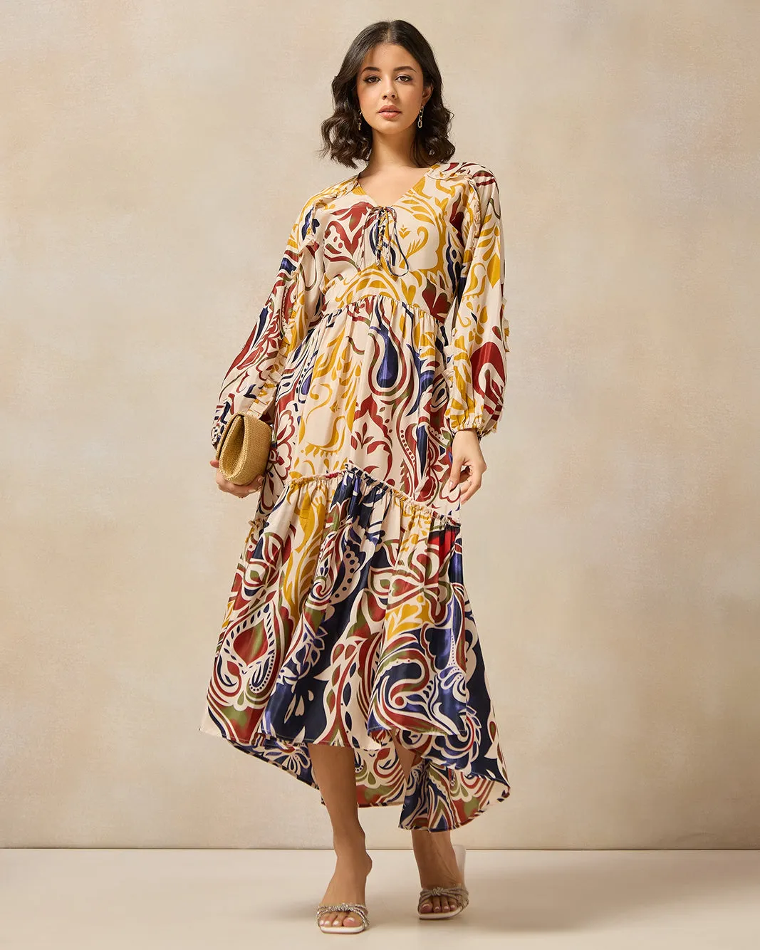 Women Hanky Hem Tiered Ikat Printed Dress sold by Redtag