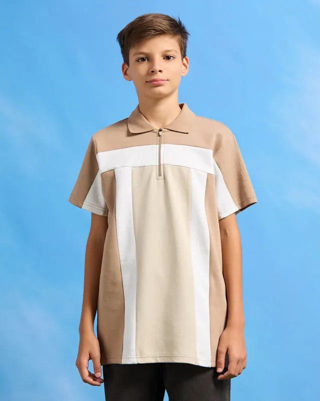 Senior Boys Beige Cut And Sew Polo Shirt sold by Redtag