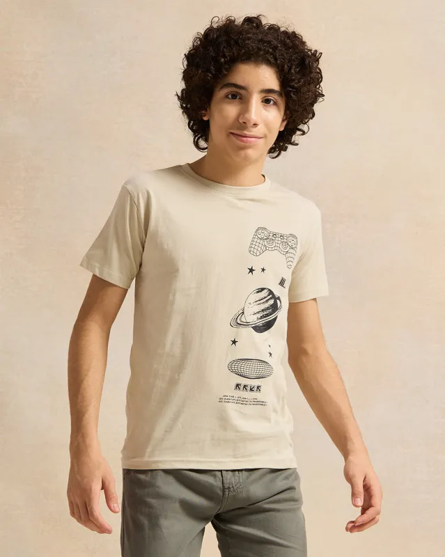 Senior Boys Beige Printed T-Shirt sold by Redtag