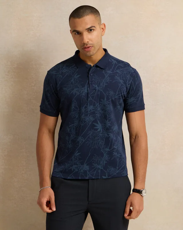 Men Blue Printed Basic Polo Shirt sold by Redtag