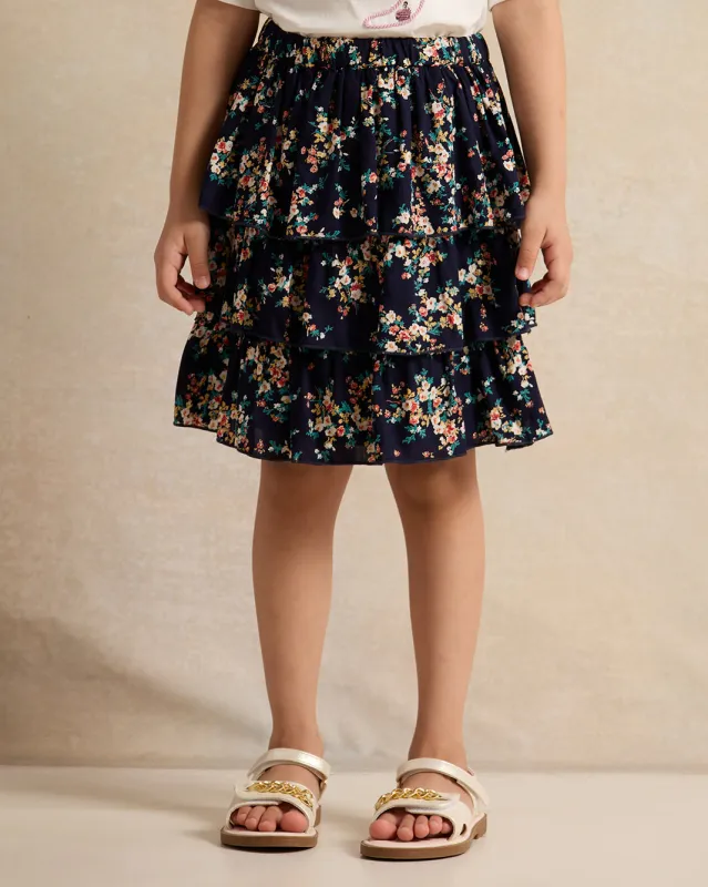 Girls Black Floral Print Skirt sold by Redtag