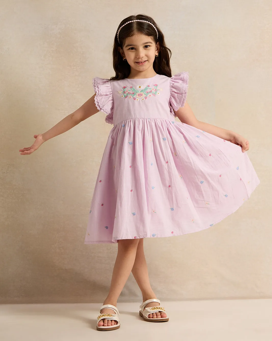 Girls Lilac Embroidered Frill Sleeve Dress sold by Redtag product image thumbnail 4