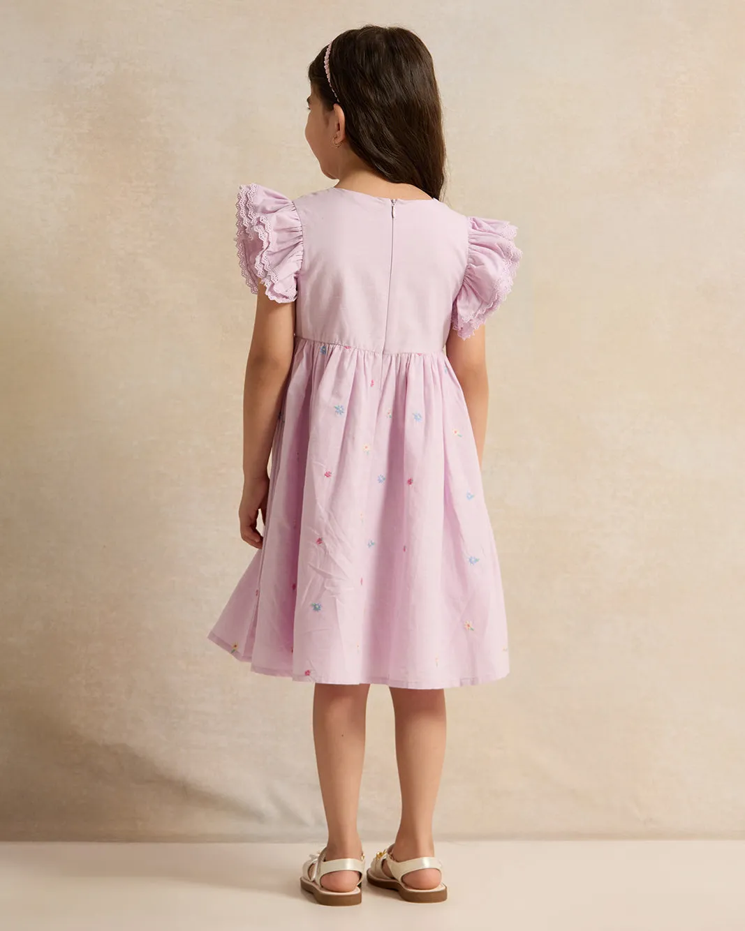 Girls Lilac Embroidered Frill Sleeve Dress sold by Redtag product image thumbnail 3