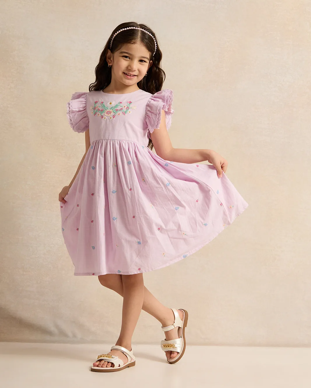 Girls Lilac Embroidered Frill Sleeve Dress sold by Redtag