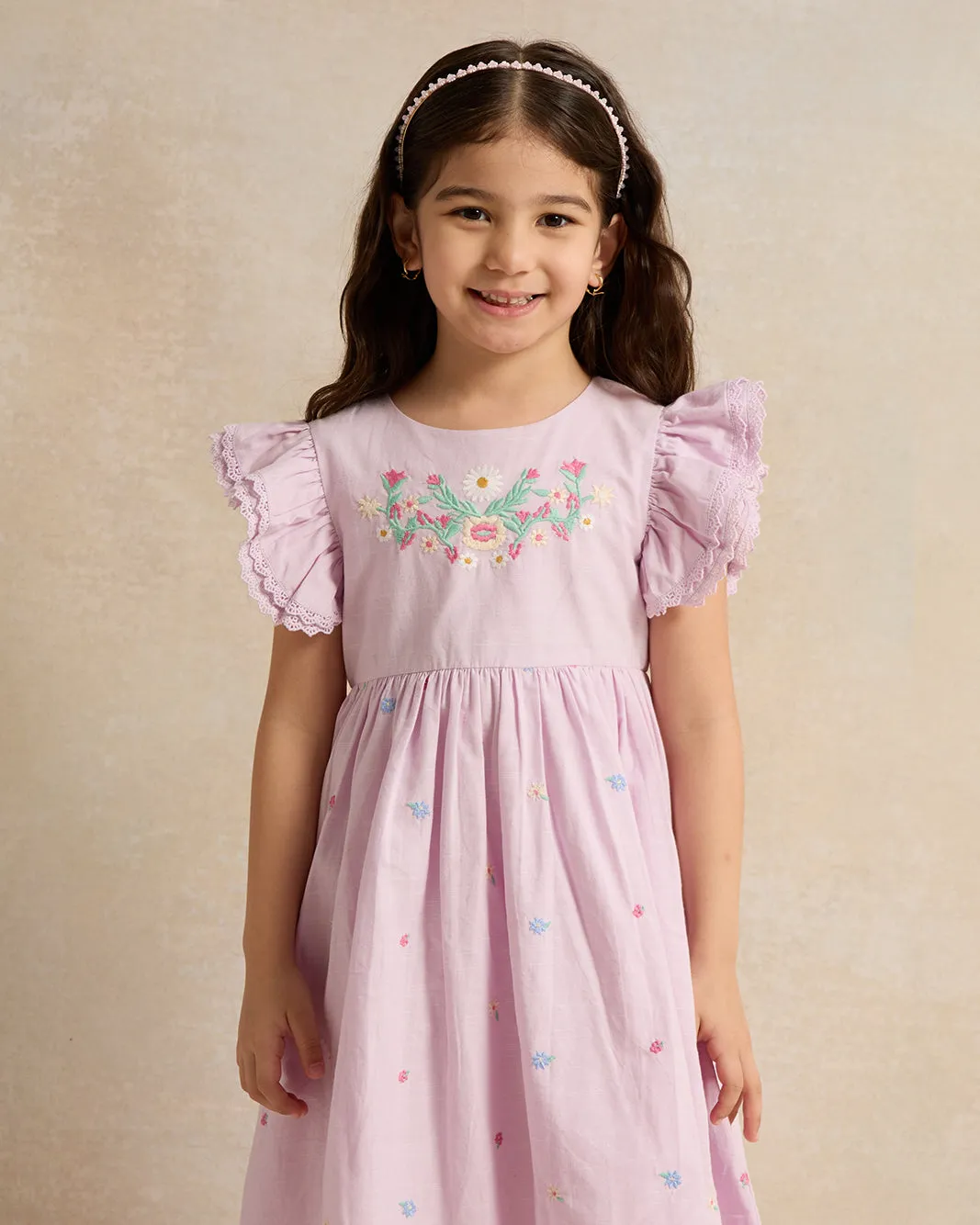 Girls Lilac Embroidered Frill Sleeve Dress sold by Redtag product image thumbnail 2