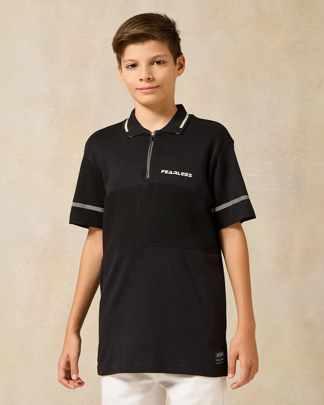 Senior Boys Black Zip Placket Polo Shirt sold by Redtag