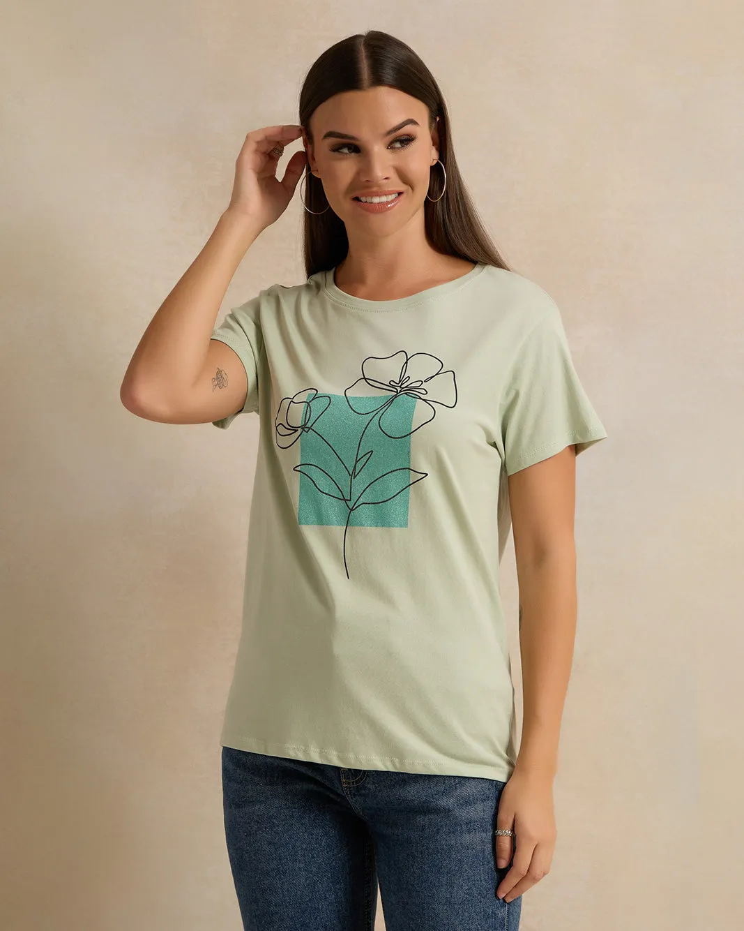 Woman Green Printed T-shirt sold by Redtag