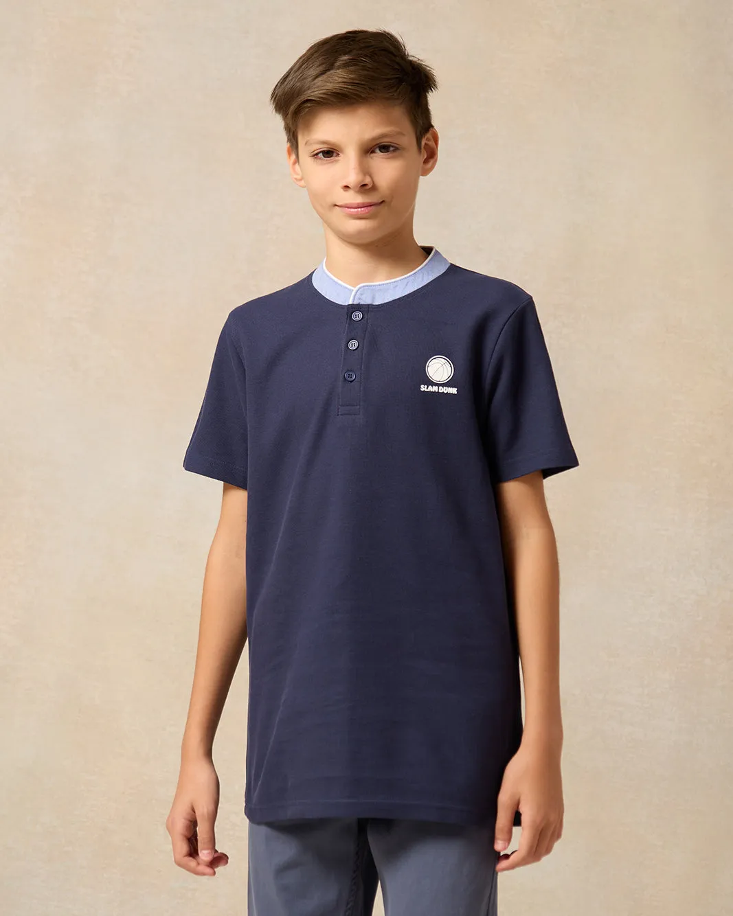 Senior Boys Navy Printed Polo Shirt sold by Redtag