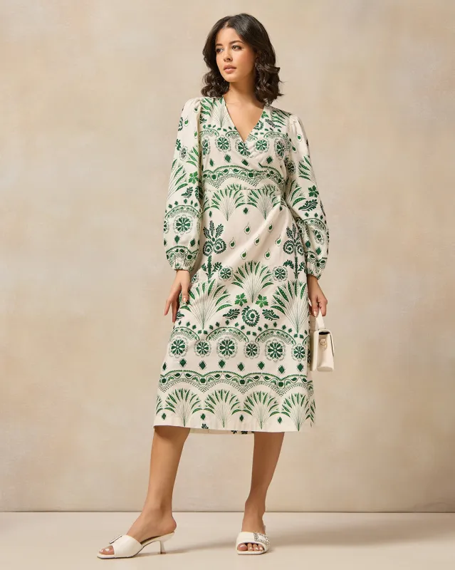 Women Green Printed Wrap Side Tie Cotton Dress sold by Redtag