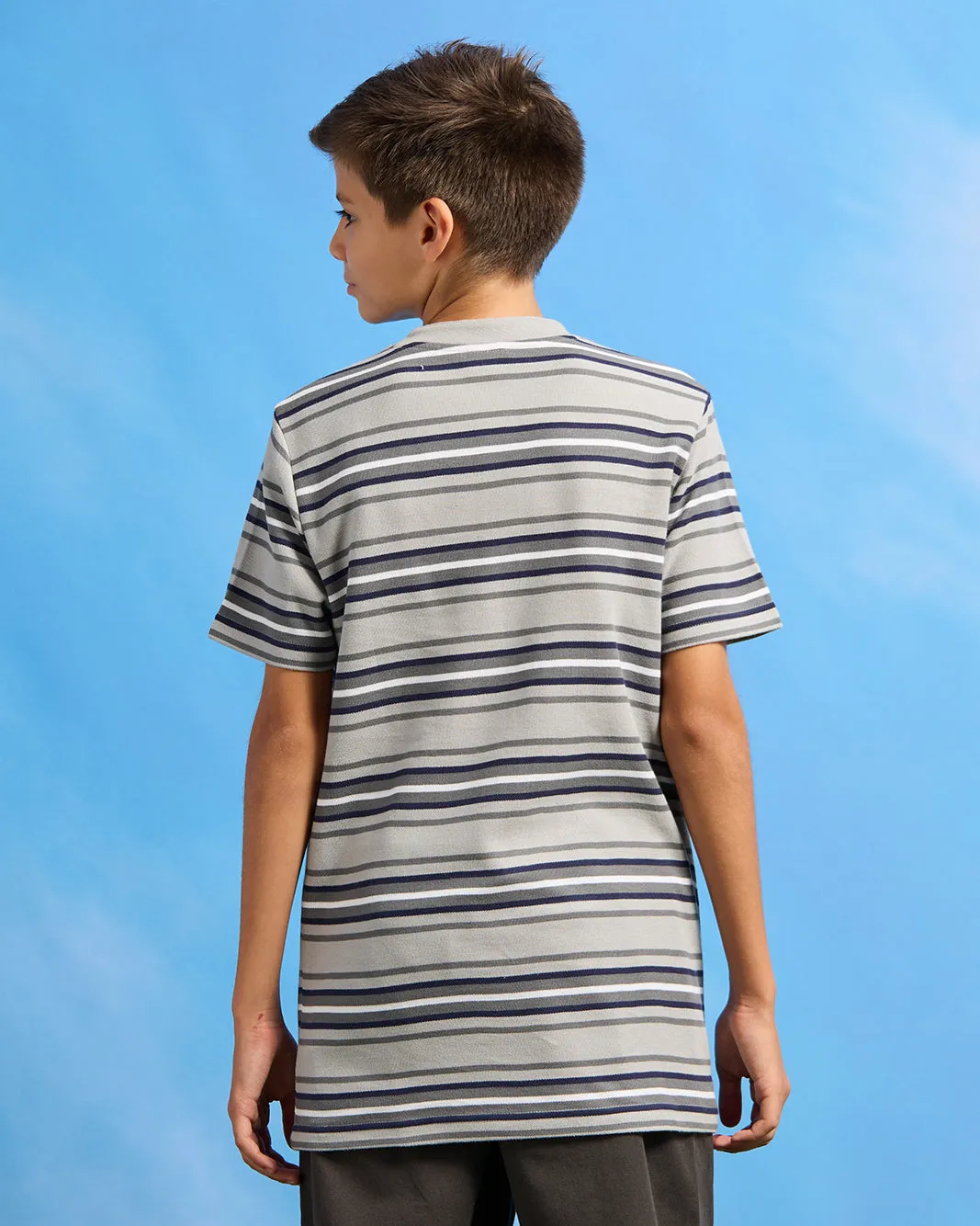 Senior Boys Grey Striped Mandarin Collar Polo Shirt sold by Redtag product image thumbnail 3