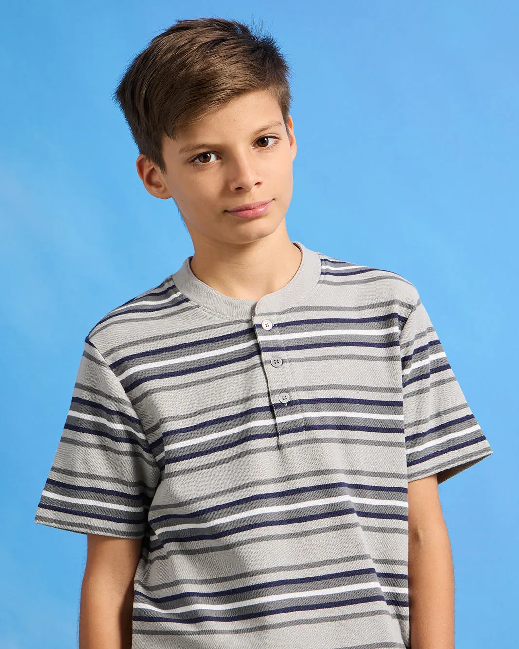 Senior Boys Grey Striped Mandarin Collar Polo Shirt sold by Redtag product image thumbnail 4
