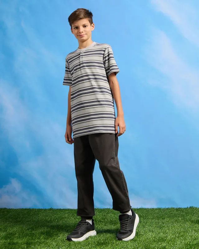 Senior Boys Grey Striped Mandarin Collar Polo Shirt sold by Redtag