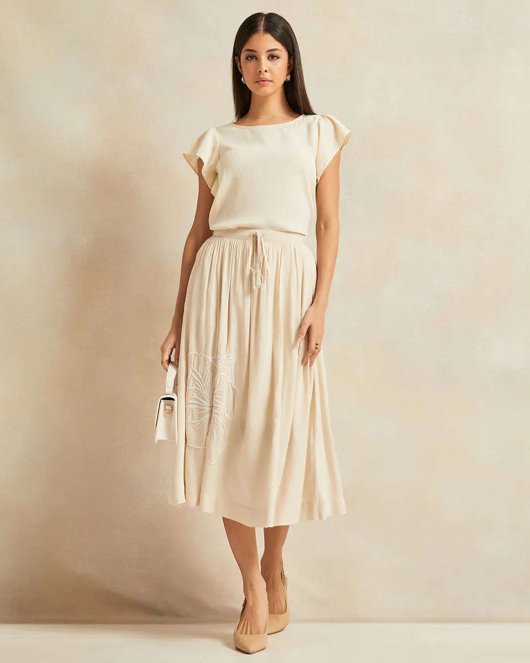 Women Beige Floral Embroidered Gathered Skirt sold by Redtag product image thumbnail 2