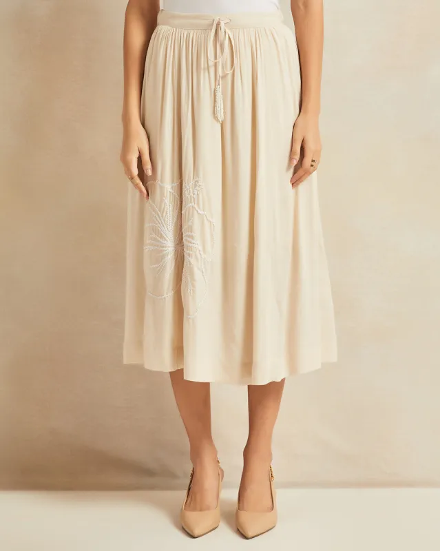 Women Beige Floral Embroidered Gathered Skirt sold by Redtag