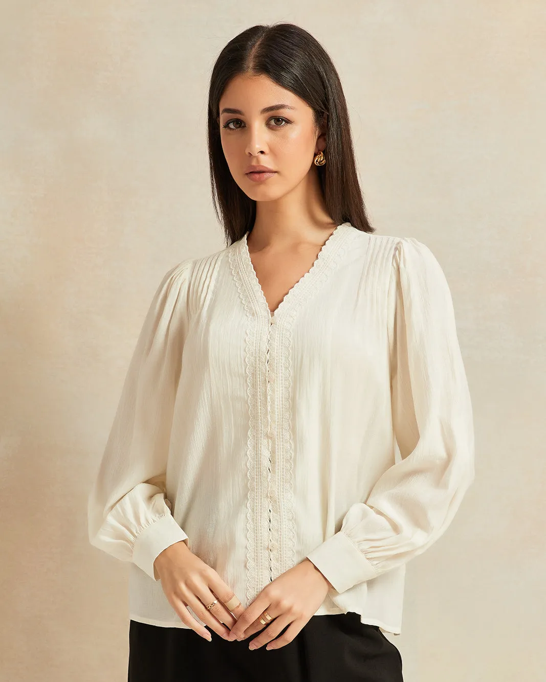 Women Beige Textured Blouse sold by Redtag