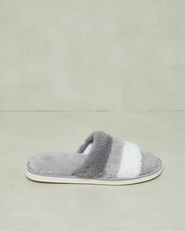 Women Grey Striped Fur Slipper sold by Redtag