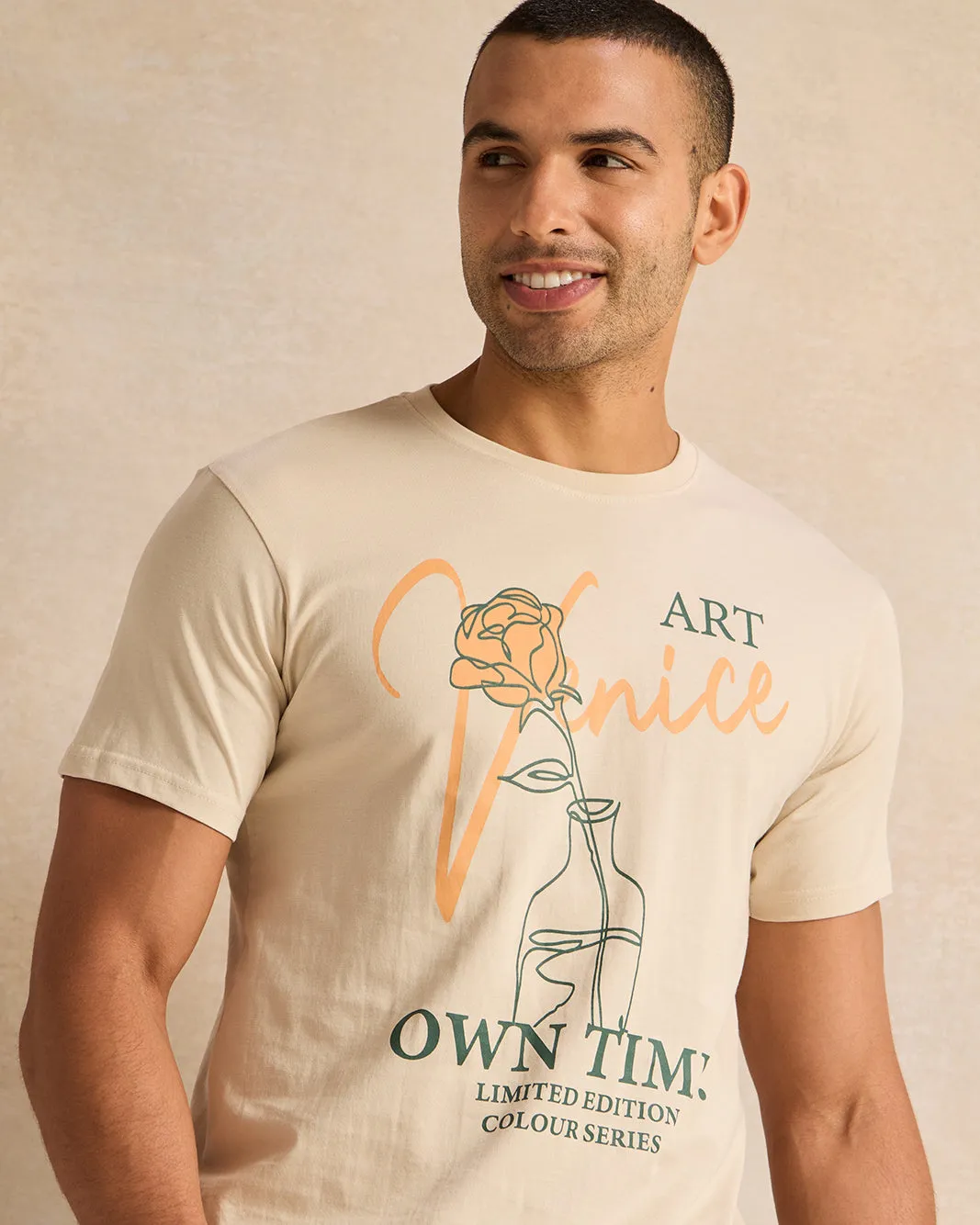 Men Beige Art Print T-Shirt sold by Redtag product image thumbnail 4