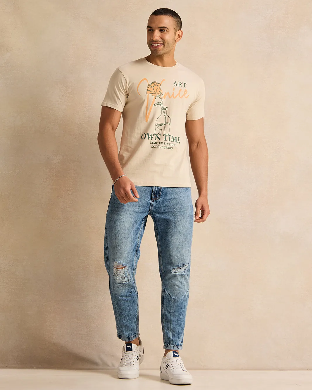 Men Beige Art Print T-Shirt sold by Redtag product image thumbnail 2