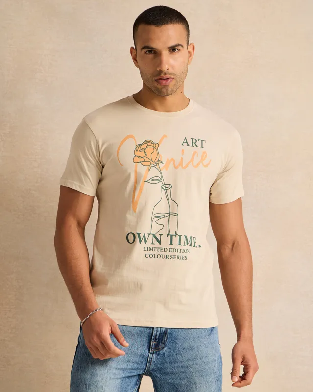 Men Beige Art Print T-Shirt sold by Redtag