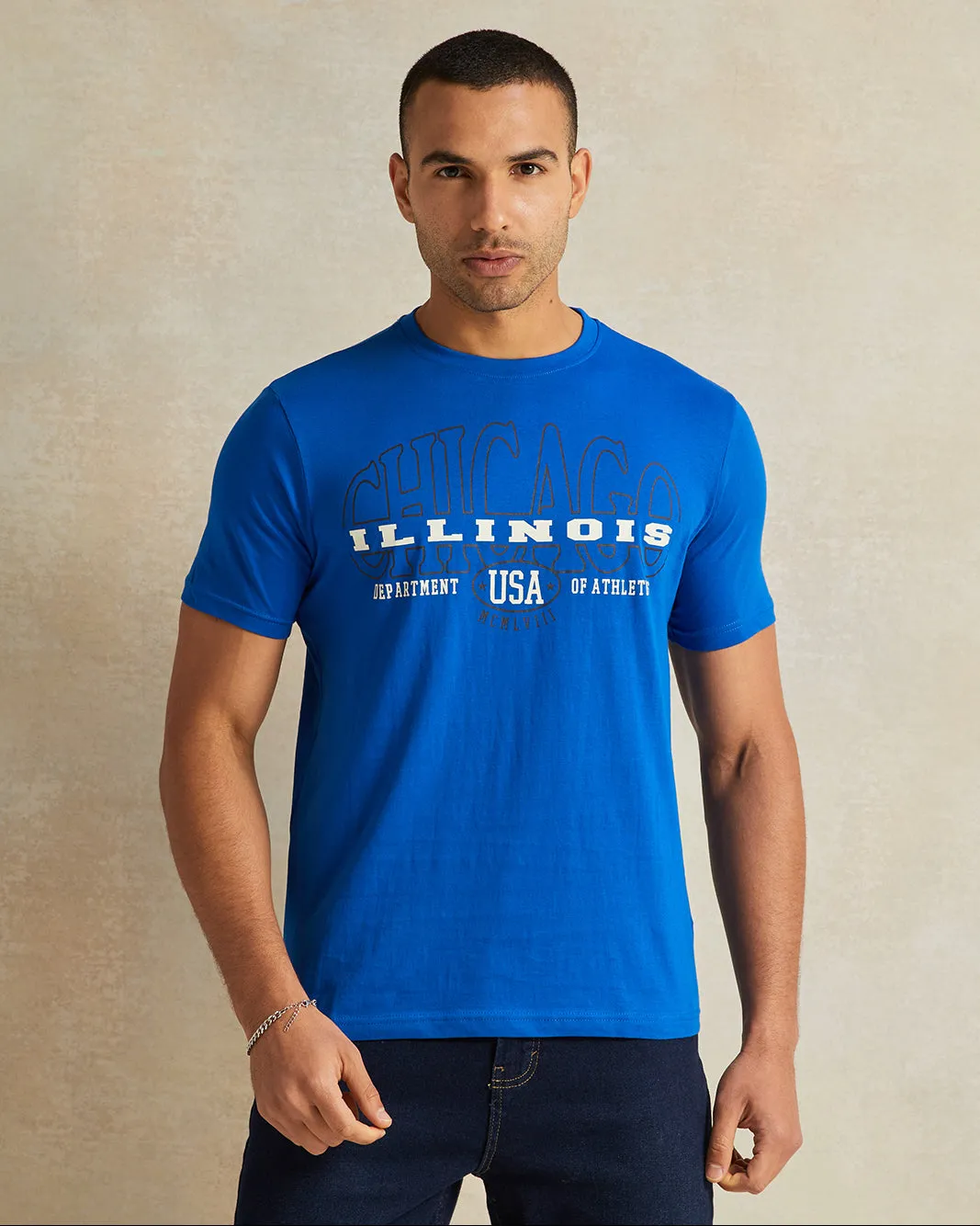 Men Blue Chicago Printed T-Shirt sold by Redtag