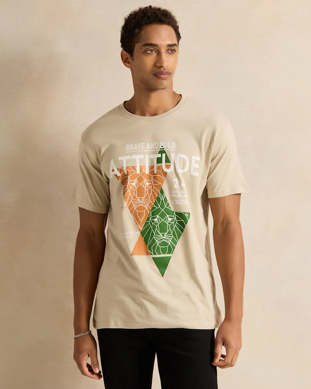 Men Beige Printed T-Shirt sold by Redtag