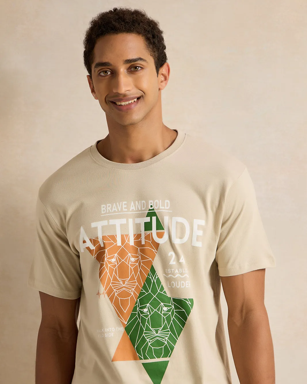 Men Beige Printed T-Shirt sold by Redtag product image thumbnail 4