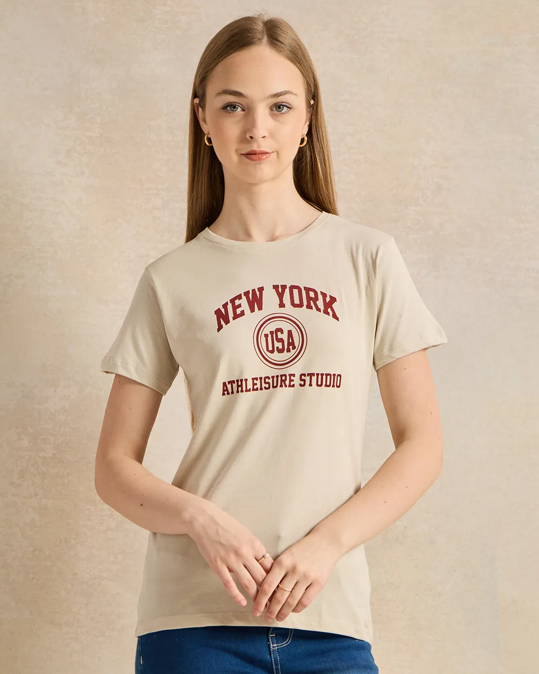 Senior Girls Beige Printed T-Shirt sold by Redtag