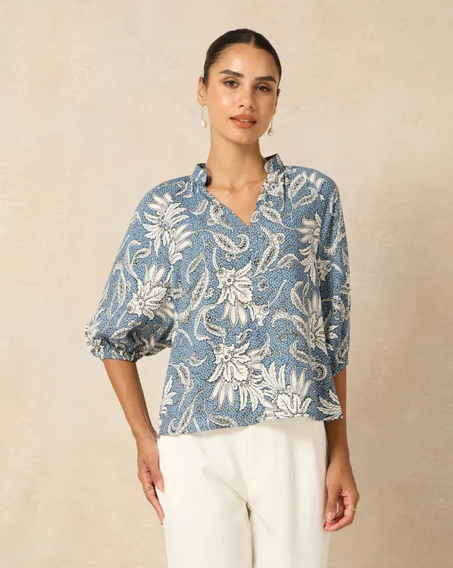 Women Blue Printed Blouse sold by Redtag
