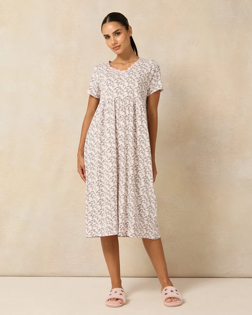 Women Pink Blossom Printed Knitted Nightgown sold by Redtag