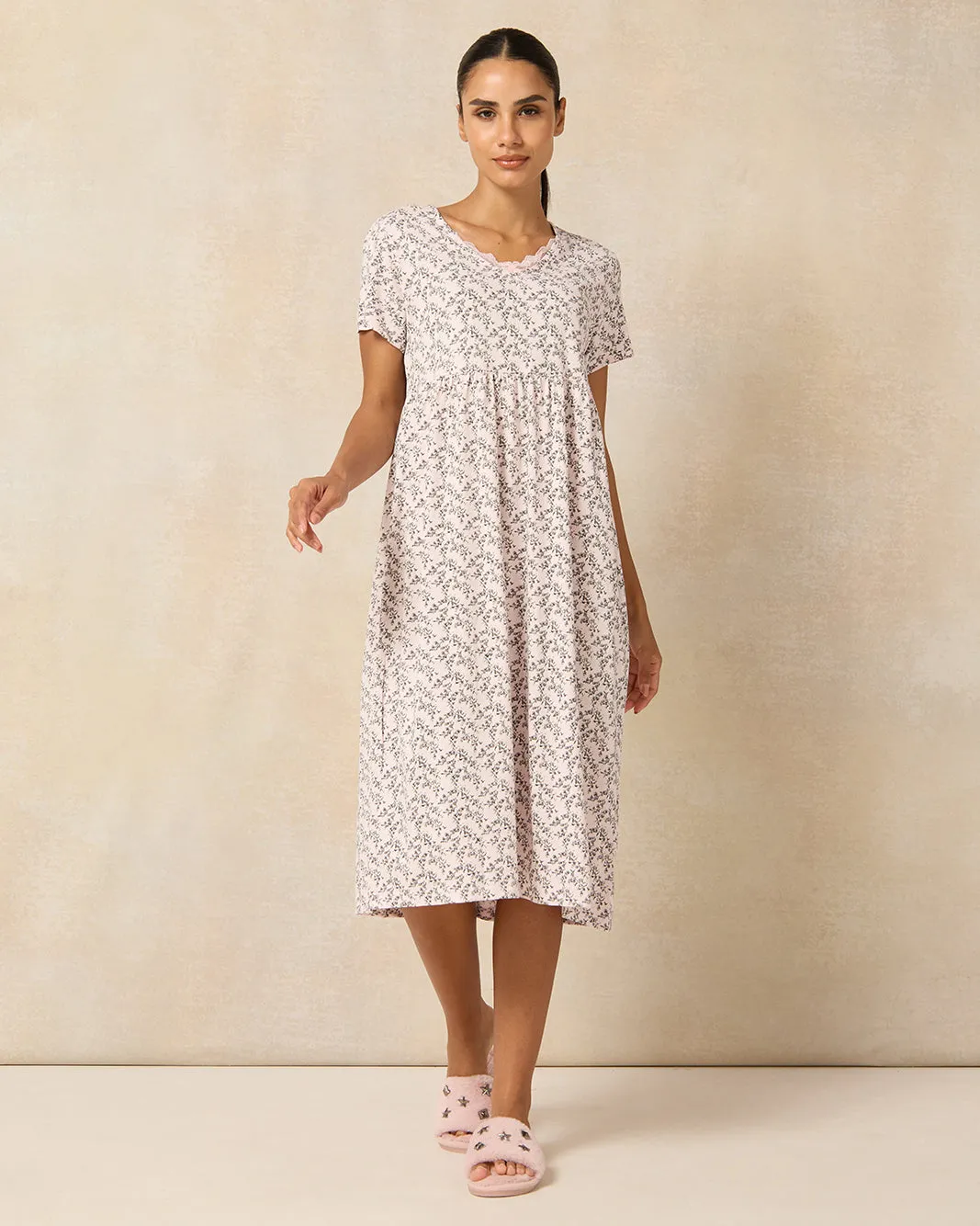 Women Pink Blossom Printed Knitted Nightgown sold by Redtag product image thumbnail 4